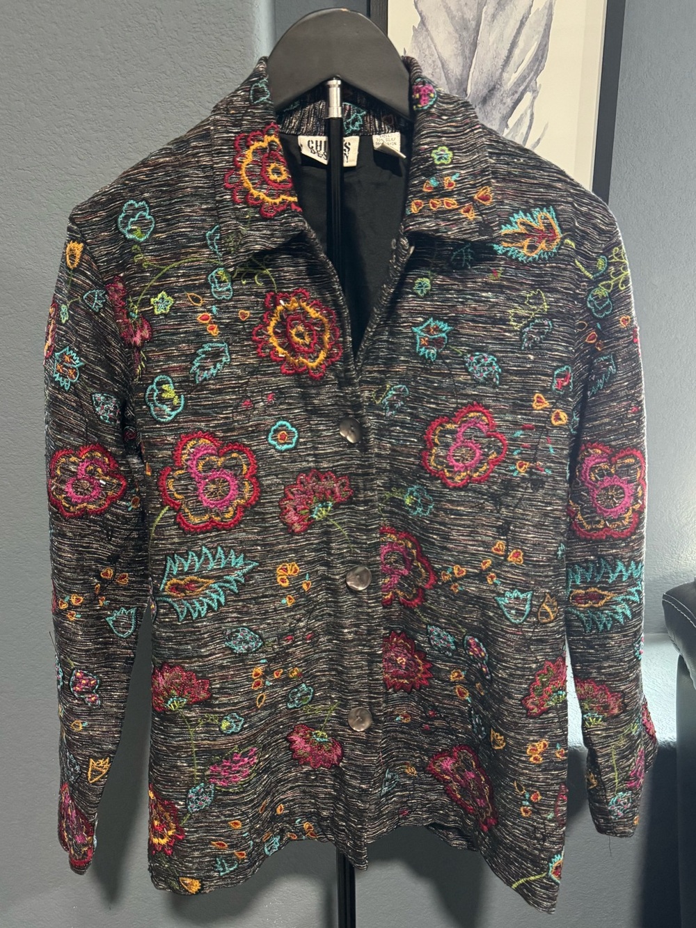 Chico's Design Embroidered Floral Button Jacket - Silk Blend